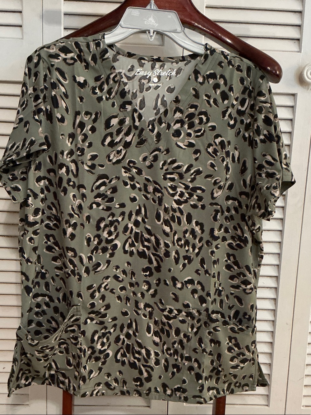Easy Stretch Olive Green Leopard Print V-Neck Scrub Top